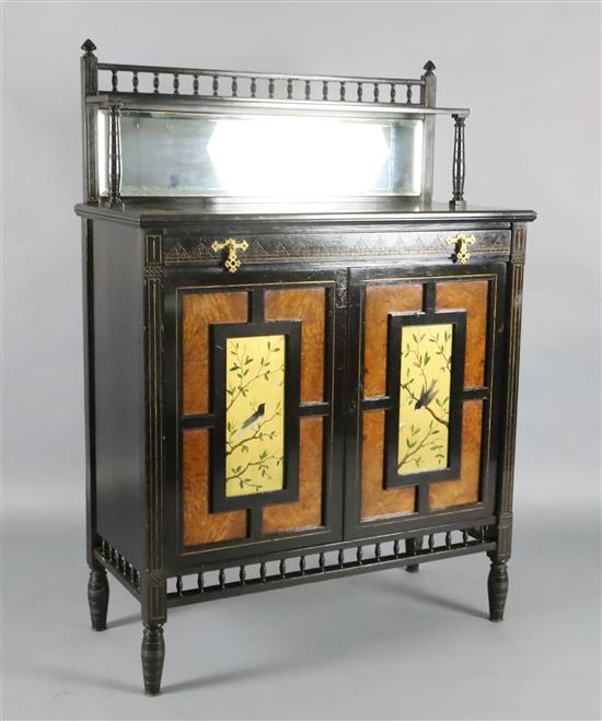 A Victorian Aesthetic Movement burr wood and ebony chiffonier, W.3ft 3in. D.1ft 5.5in. H.4ft 7in.